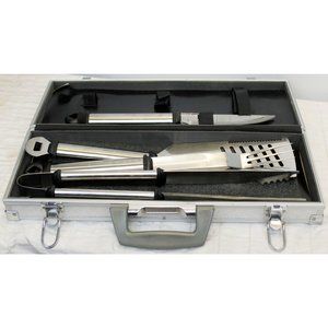 Deluxe BBQ Tool 5 pc Set Stainless Steel Metal Storage Diamond-Plate Store Carry